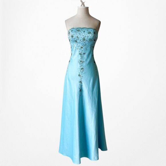 Vintage Y2K Pastel Blue Strapless Floral Beaded Satin Maxi Prom Dress Size S - Picture 4 of 14